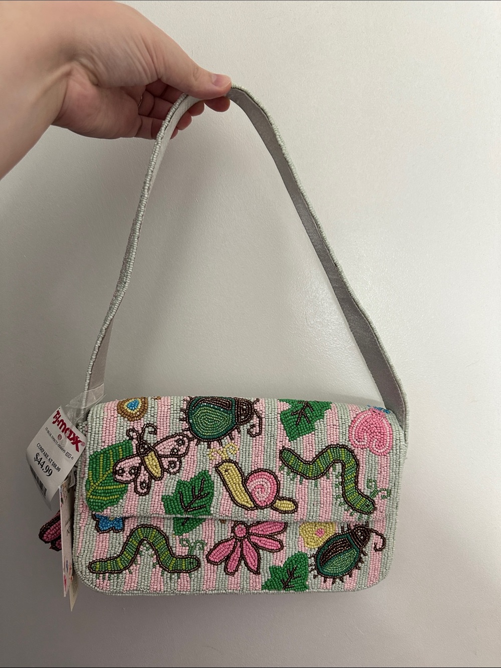 Beaded Floral & Bug Shoulder Bag - Pink